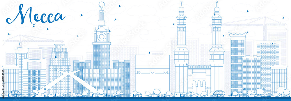 Outline Mecca Skyline with Blue Landmarks.