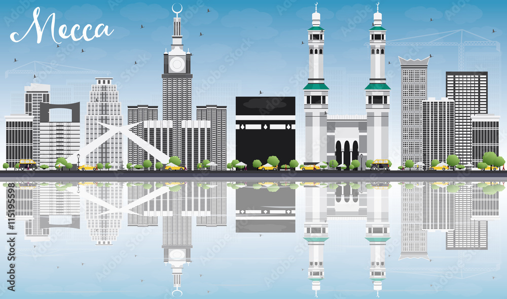 Obraz premium Mecca Skyline with Landmarks, Blue Sky and Reflections.