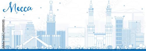 Outline Mecca Skyline with Blue Landmarks.