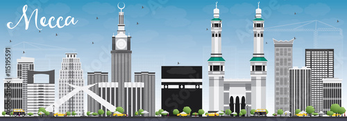 Mecca Skyline with Landmarks and Blue Sky.
