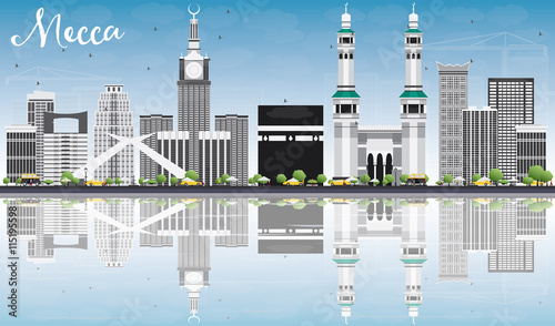 Mecca Skyline with Landmarks, Blue Sky and Reflections.