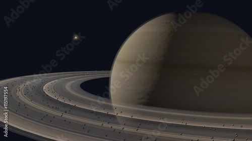 Flight in orbit of Saturn Planet. Satellite view of planet Saturn in outer space. Spacecraft view. photo