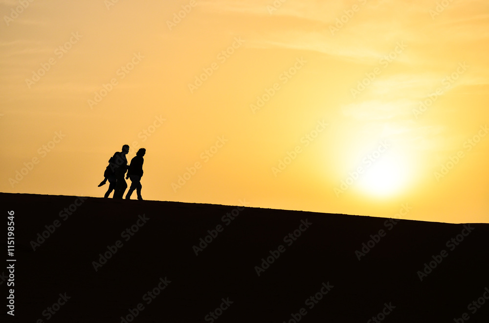 Silhouette of a Group of People Walking in the Sahara Desert