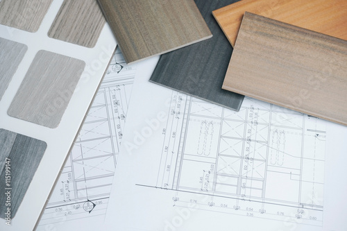 color and material samples on architectural drawings of the modern house