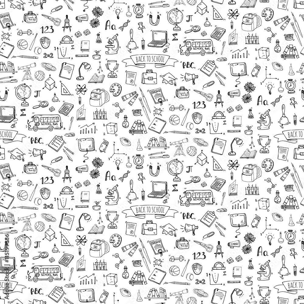 Seamless background hand drawn doodle Back to school icon set Vector illustration educational symbols collection Cartoon various learning elements: Laptop; Lunch box; Microscope; Telescope; Sketch bus