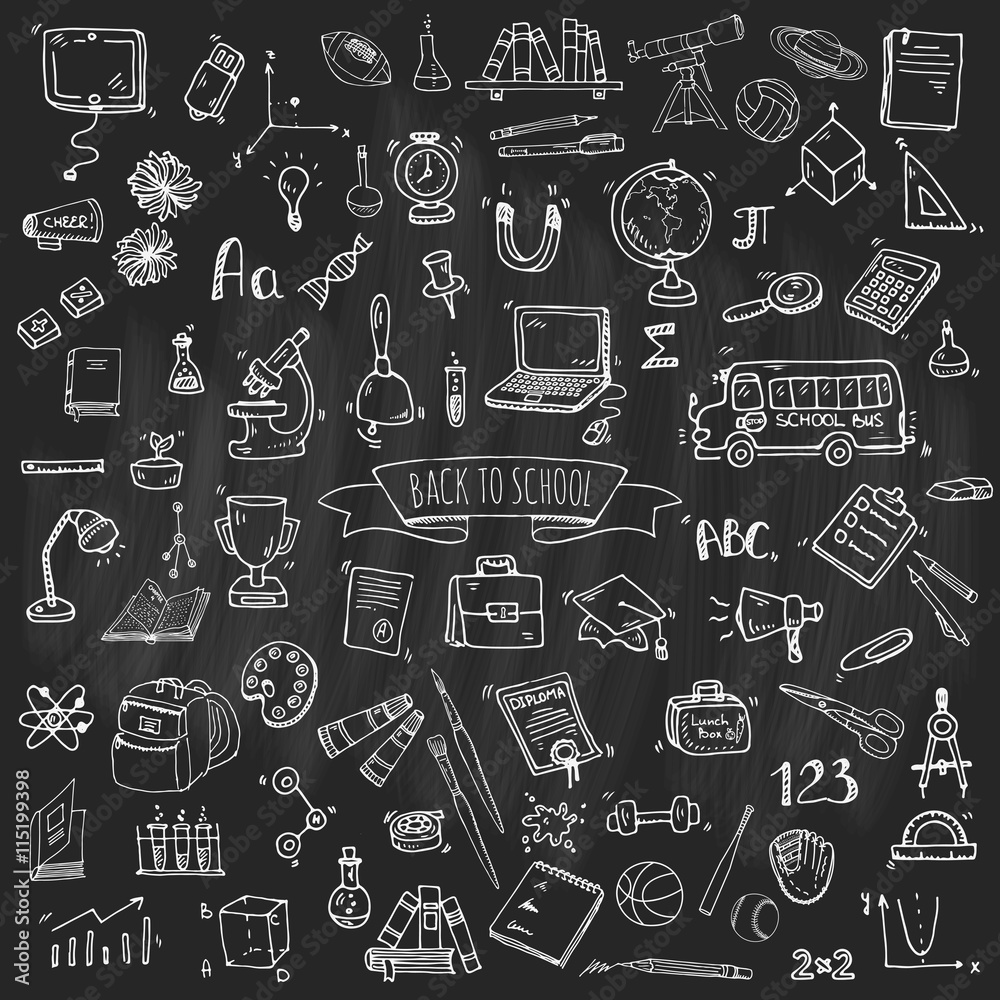 Hand drawn doodle Back to school icons set Vector illustration educational symbols collection Cartoon various learning elements: Laptop; Lunch box; Bag; Microscope; Telescope; Books; Pencil Sketch bus Hand drawn doodle Back to school icons set Vector illustration educational symbols collection Cartoon various learning elements: Laptop; Lunch box; Bag; Microscope; Telescope; Books; Pencil Sketch bus