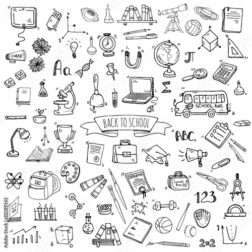 Hand drawn doodle Back to school icons set Vector illustration educational symbols collection Cartoon various learning elements: Laptop; Lunch box; Bag; Microscope; Telescope; Books; Pencil Sketch bus