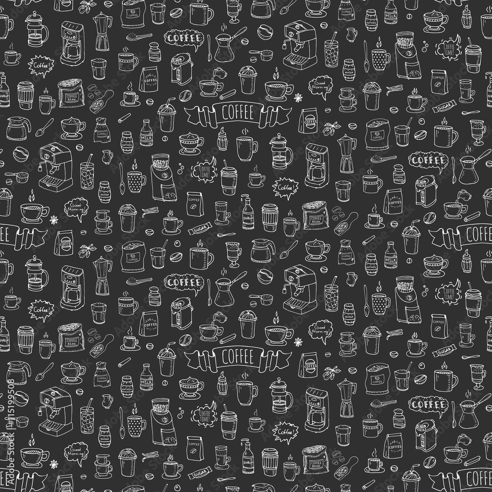 Seamless background hand drawn doodle Coffee time icons set Vector illustration isolated drink symbols collection Cartoon various beverage element: mug, cup, espresso, americano, irish, decaffeinated Seamless background hand drawn doodle Coffee time icons set Vector illustration isolated drink symbols collection Cartoon various beverage element: mug, cup, espresso, americano, irish, decaffeinated