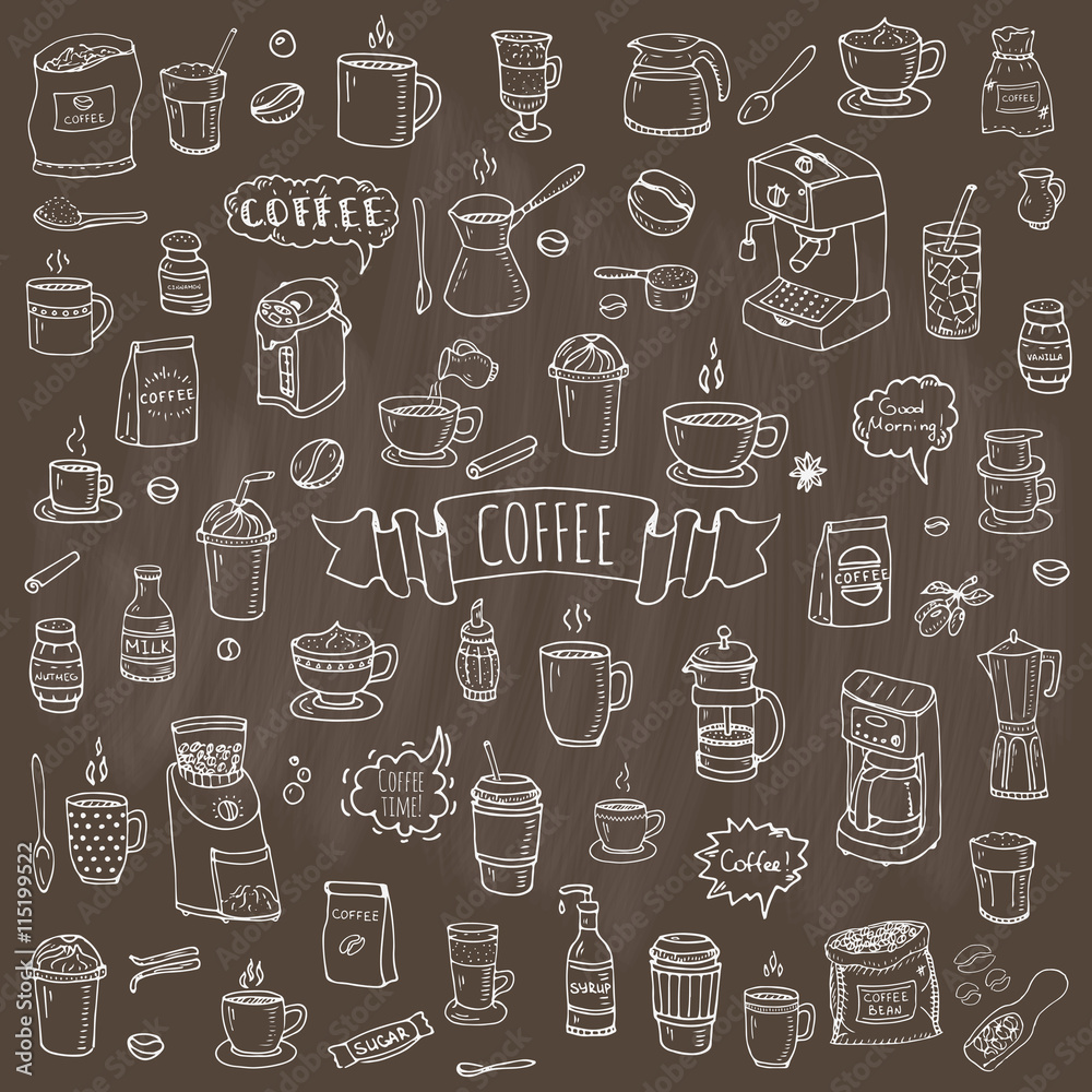 Hand drawn doodle Coffee time icon set Vector illustration isolated drink symbols collection Cartoon various beverage element: mug, cup, espresso, americano, irish, decaf, mocha, coffee making machine