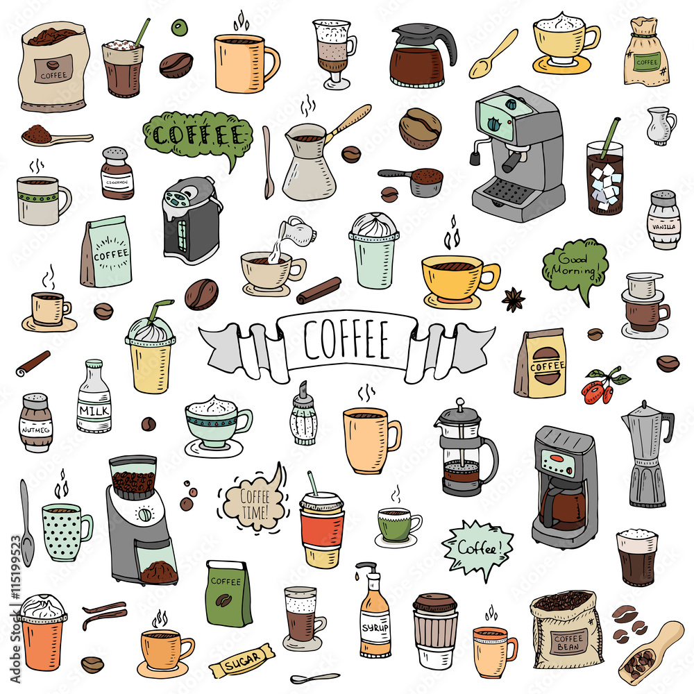 Hand drawn doodle Coffee time icon set Vector illustration isolated ...