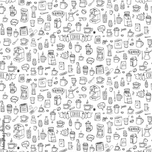 Seamless background hand drawn doodle Coffee time icons set Vector illustration isolated drink symbols collection Cartoon various beverage element  mug  cup  espresso  americano  irish  decaffeinated