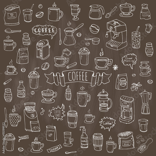 Hand drawn doodle Coffee time icon set Vector illustration isolated drink symbols collection Cartoon various beverage element  mug  cup  espresso  americano  irish  decaf  mocha  coffee making machine