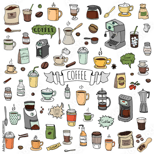 Hand drawn doodle Coffee time icon set Vector illustration isolated drink symbols collection Cartoon various beverage element: mug, cup, espresso, americano, irish, decaf, mocha, coffee making machine