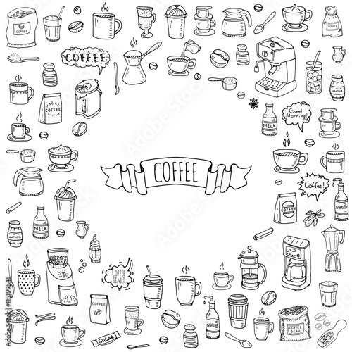 Hand drawn doodle Coffee time icon set Vector illustration isolated drink symbols collection Cartoon various beverage element: mug, cup, espresso, americano, irish, decaf, mocha, coffee making machine