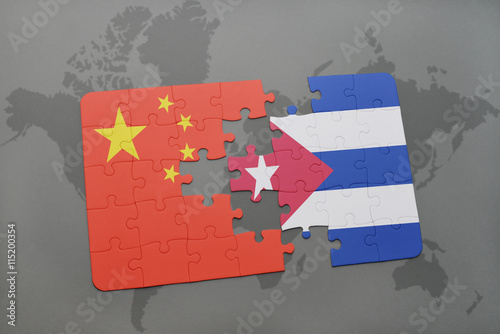 Canvas Print puzzle with the national flag of china and cuba on a world map background