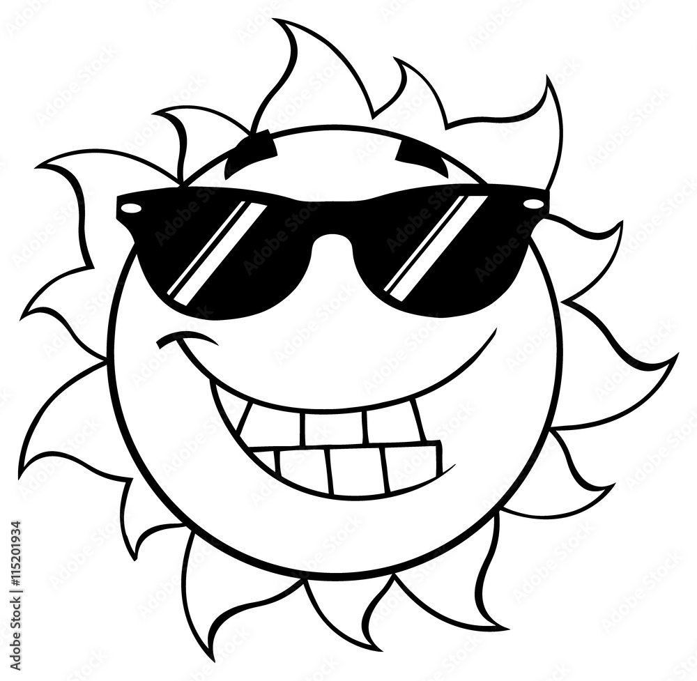 Black And White Smiling Summer Sun Cartoon Mascot Character With Sunglasses  Stock Vector | Adobe Stock