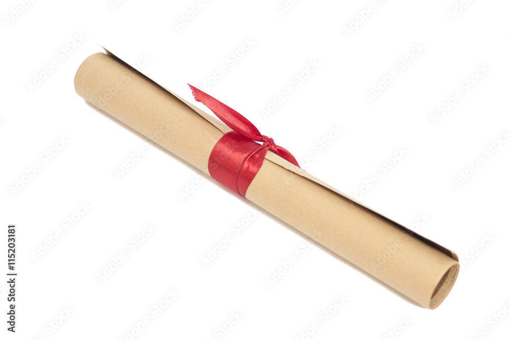 Diploma tied with red ribbon Diploma tied with red ribbon