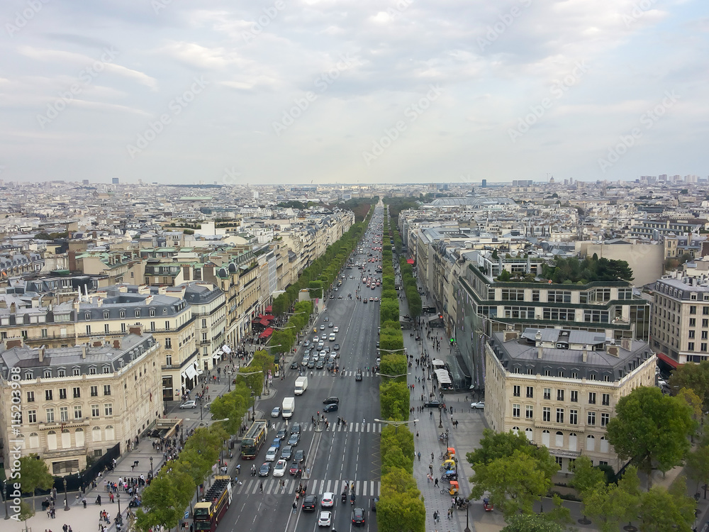 Panorama of Paris, Champs Elysees to La Defense from the Arc de Triomphe 