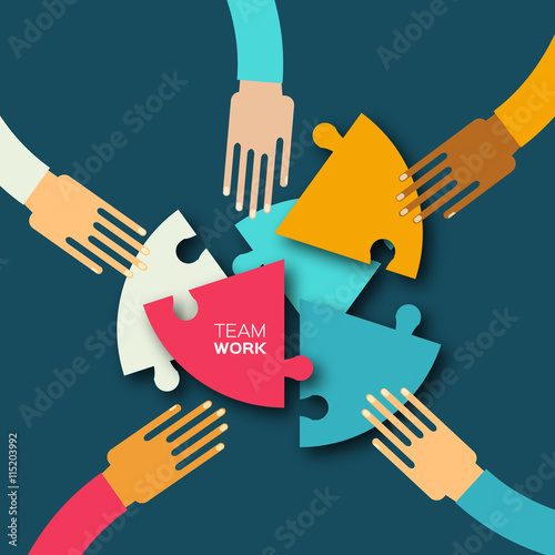 Five hands together team work. Hands putting circle puzzle pieces. Teamwork and business concept. Hands of different colors, cultural and ethnic diversity. Vector illustration