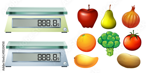 Fresh fruits and measuring scales