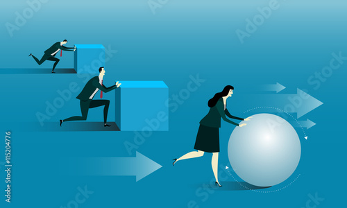 Manager be rolling a ball or attempt an uphill task. Business success concept conquering adversity overcoming leadership challenge aspiration ambition motivation, vector illustration flat style.
