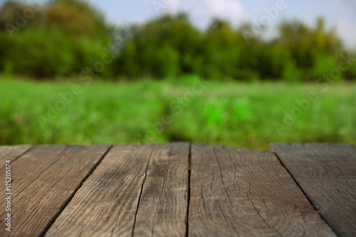 Blank old wooden table in the summer garden on a sunny day (focu