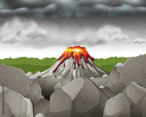 Nature scene with dark sky over volcano