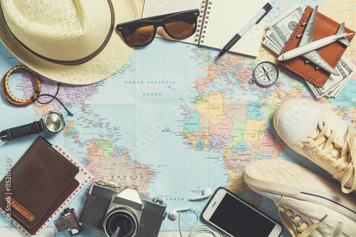 Overhead view of Traveler's accessories, Essential items of trav