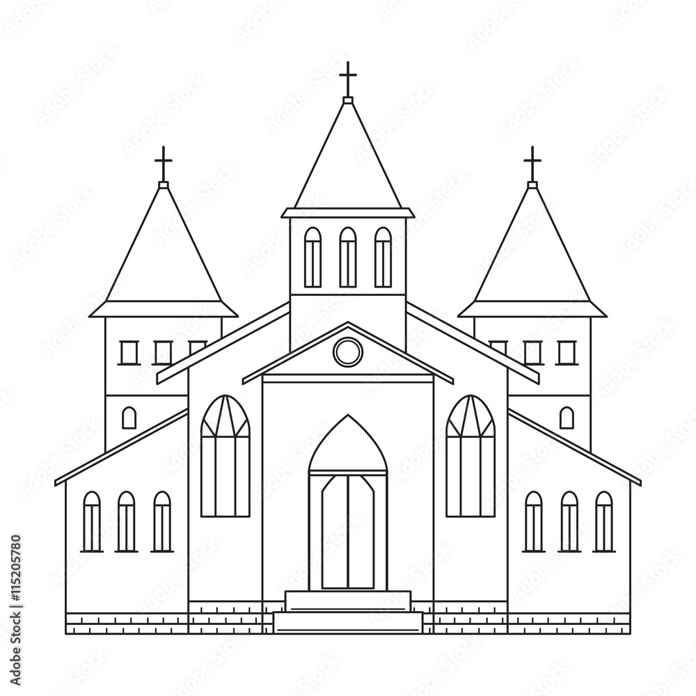Church building. Line art style. Black and white vector illustration