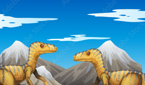 Scene with dinosaurs and mountains