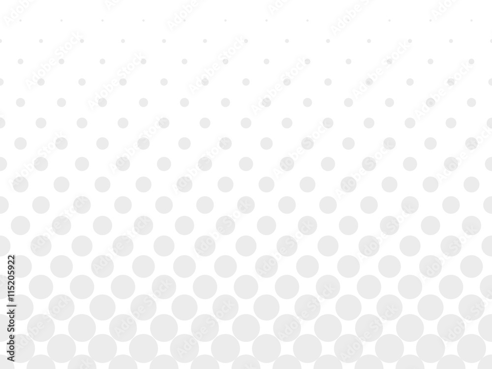 Halftone background of grey dots on white background. Gradient of large dots at the bottom and smaller dots at the top of illustration.