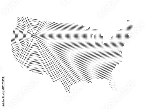 Map of United States of America in halftone style. Black halftone dots in radial composition with centre in the north-east on white background
