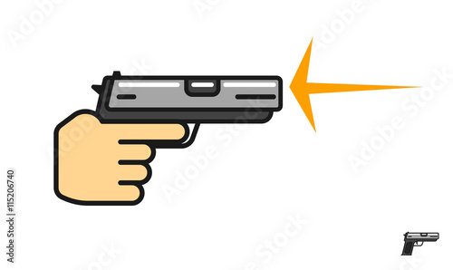 Hand holding gun shooting vector illustration, shot flash, shooting range logo, pistol flat icon, linear symbol, outline label modern design isolated on white