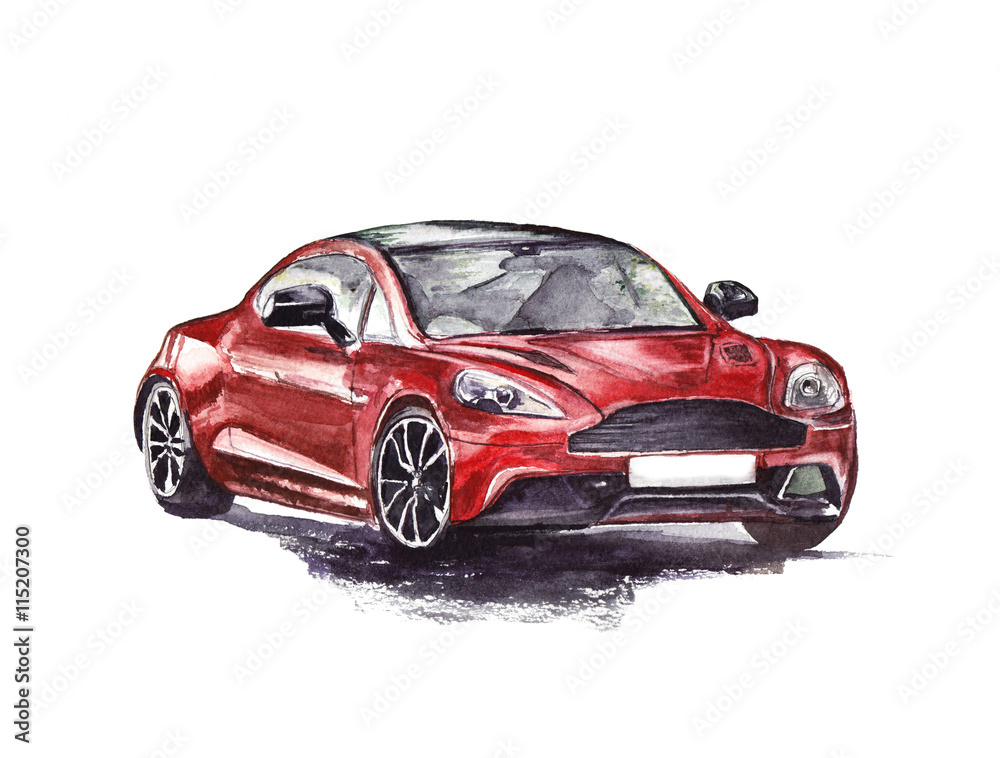 Naklejka premium Red sport car. Original hand drawn watercolor painting.