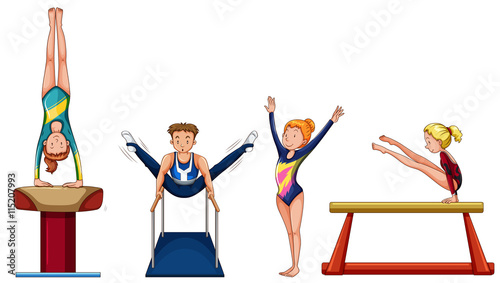 People doing gymnastics on different equipment
