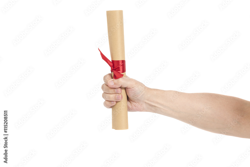 Diploma with a red ribbon in hand