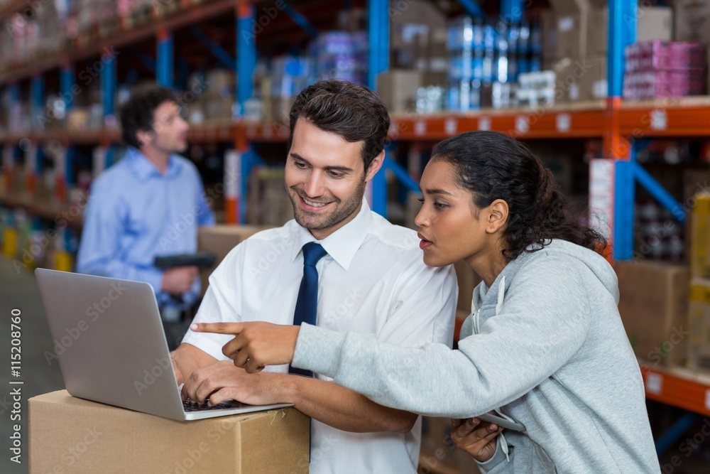Fototapeta premium smiling workers pointing at laptop