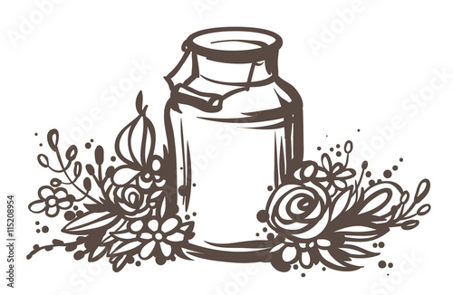 Sketched milk can with flowers.