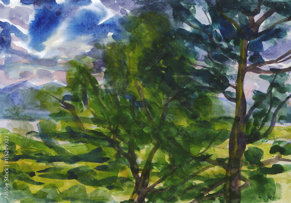 Landscape with trees. Watercolor painting