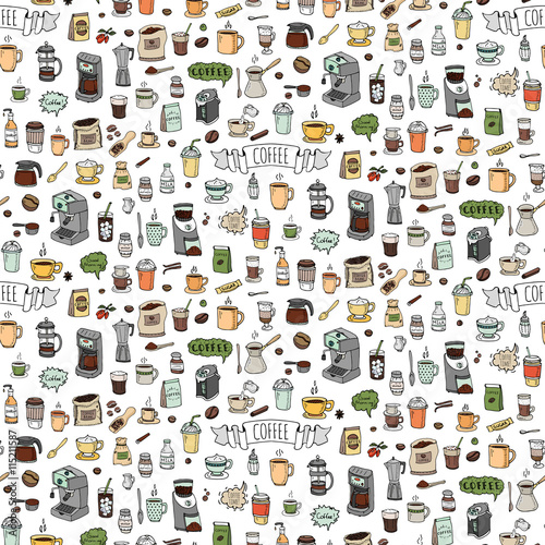 Seamless background hand drawn doodle Coffee time icons set Vector illustration isolated drink symbols collection Cartoon various beverage element: mug, cup, espresso, americano, irish, decaffeinated
