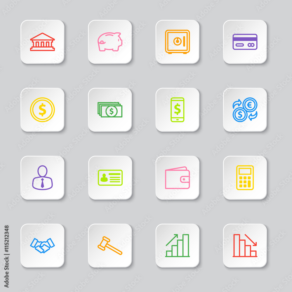colorful line business commercial and finance icon set on white rounded rectangle button for web design, user interface (UI), infographic and mobile application (apps)