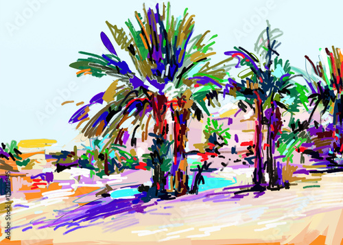 original digital painting of Cyprus colorful landscape with palm