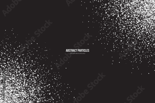 Abstract bright white shimmer glowing round particles vector background. Snowfall effect. Falling scatter shine tinsel light explosion. Celebration, holidays and party illustration
