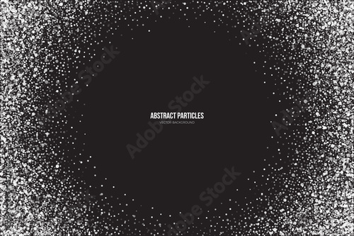 Abstract bright white shimmer glowing round particles vector background. Snowfall effect. Falling scatter shine tinsel light explosion. Celebration, holidays and party illustration