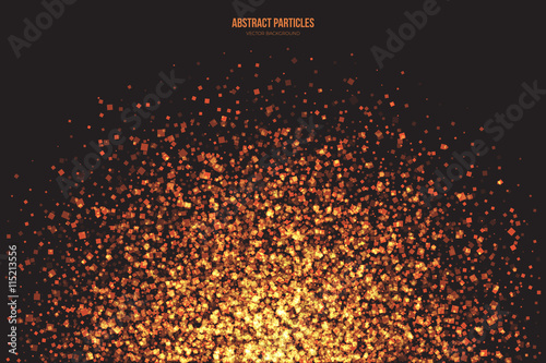 Abstract bright golden shimmer glowing square particles vector background. Scatter shine tinsel light explosion effect. Burning sparks wallpaper. Celebration, holidays and party illustration