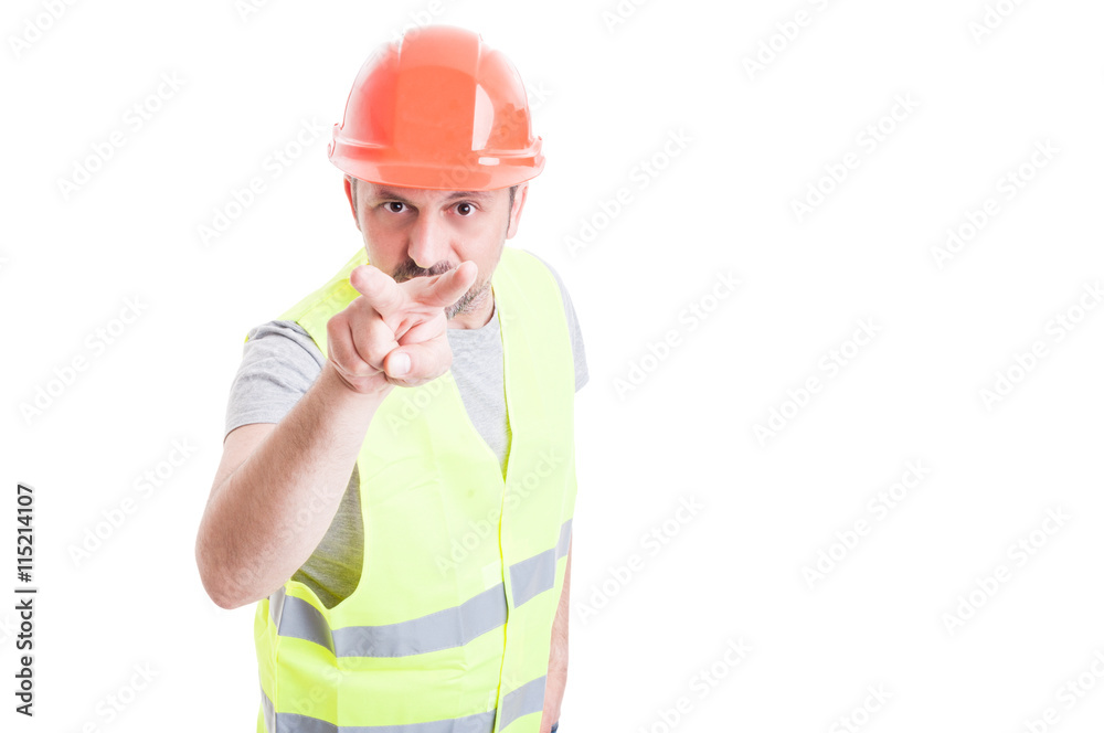 Serious engineer making looking at you gesture Serious engineer making looking at you gesture
