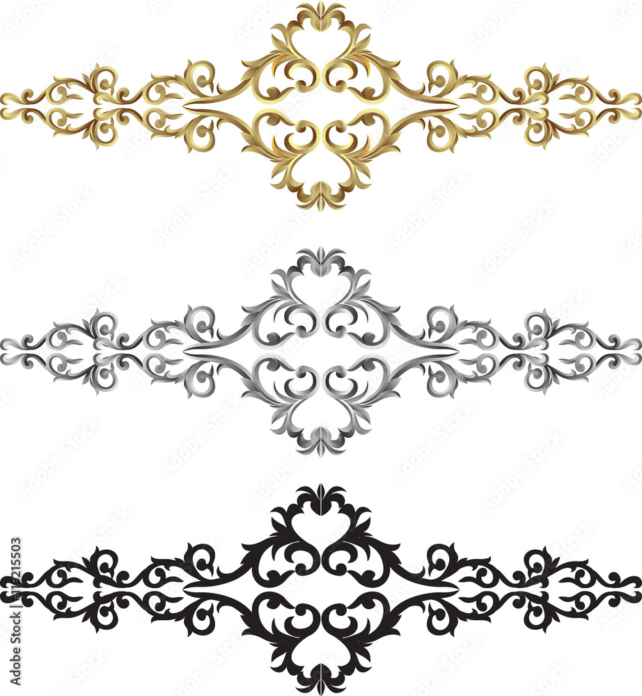 Traditional head and bottom Thai style pattern decorative isolated on white background, stucco gold paint in temple,Thailand. Traditional head and bottom Thai style pattern decorative isolated on white background, stucco gold paint in temple,Thailand.