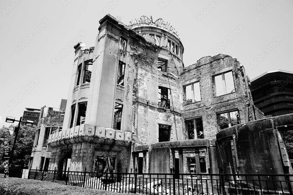 Ruins of the grand Hiroshima dome as a symbol and memorial of Hiroshima's atomic disaster during the second World War, in the Hiroshima Peace Memorial Park, 

Japan.