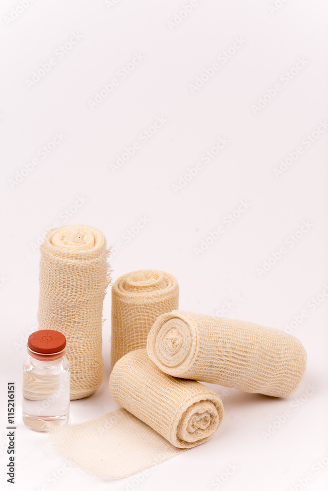 Bandage rolls and injection syringe bottle Bandage rolls and injection syringe bottle