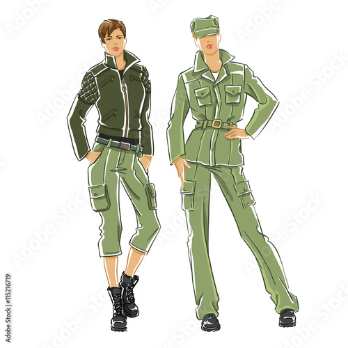 Sketch of woman in military uniform isolated on white background